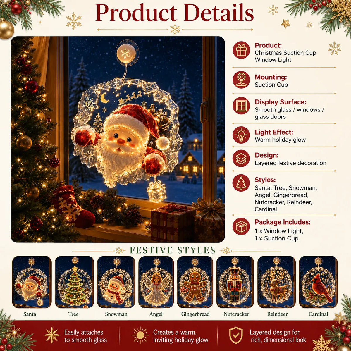 ✈️Last Day 50% OFF✨🎄Lighted Christmas Window Decoration with Suction Cup | Warm LED Window Light with Double-Layer Design & Multiple Festive Styles Flat Version✨