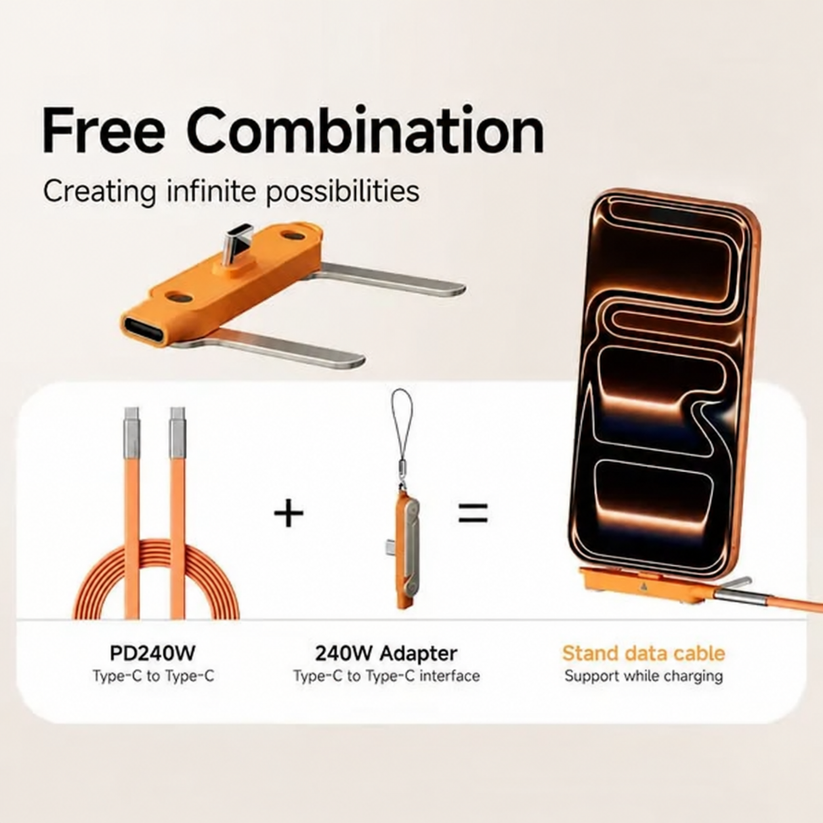 Orange USB-C folding stand adapter paired with a charging cable to support a phone