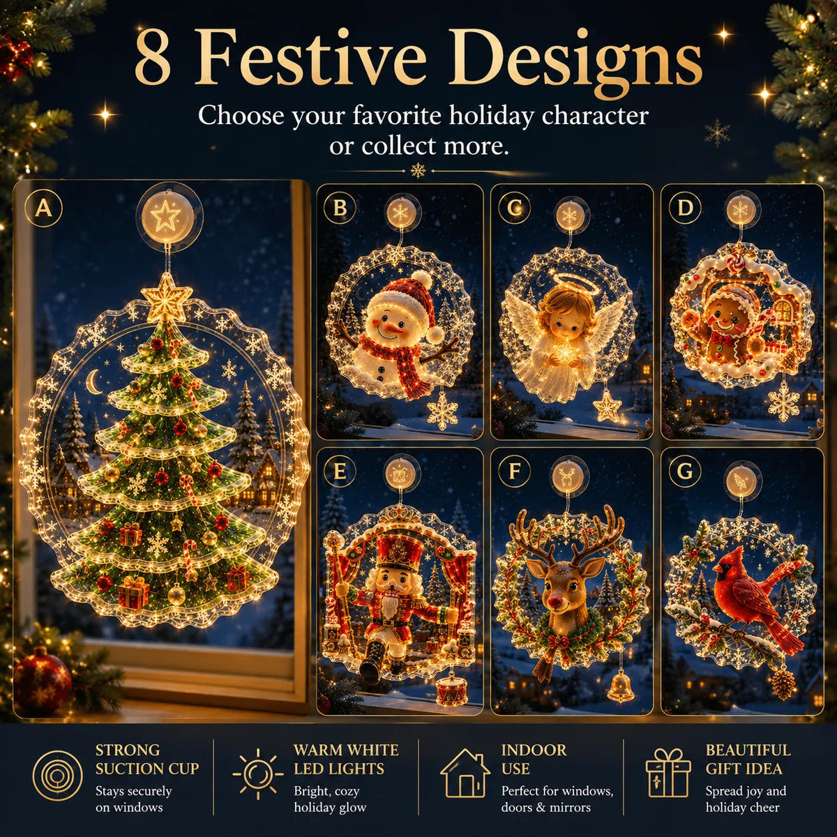 ✈️Last Day 50% OFF✨🎄Lighted Christmas Window Decoration with Suction Cup | Warm LED Window Light with Double-Layer Design & Multiple Festive Styles Flat Version✨