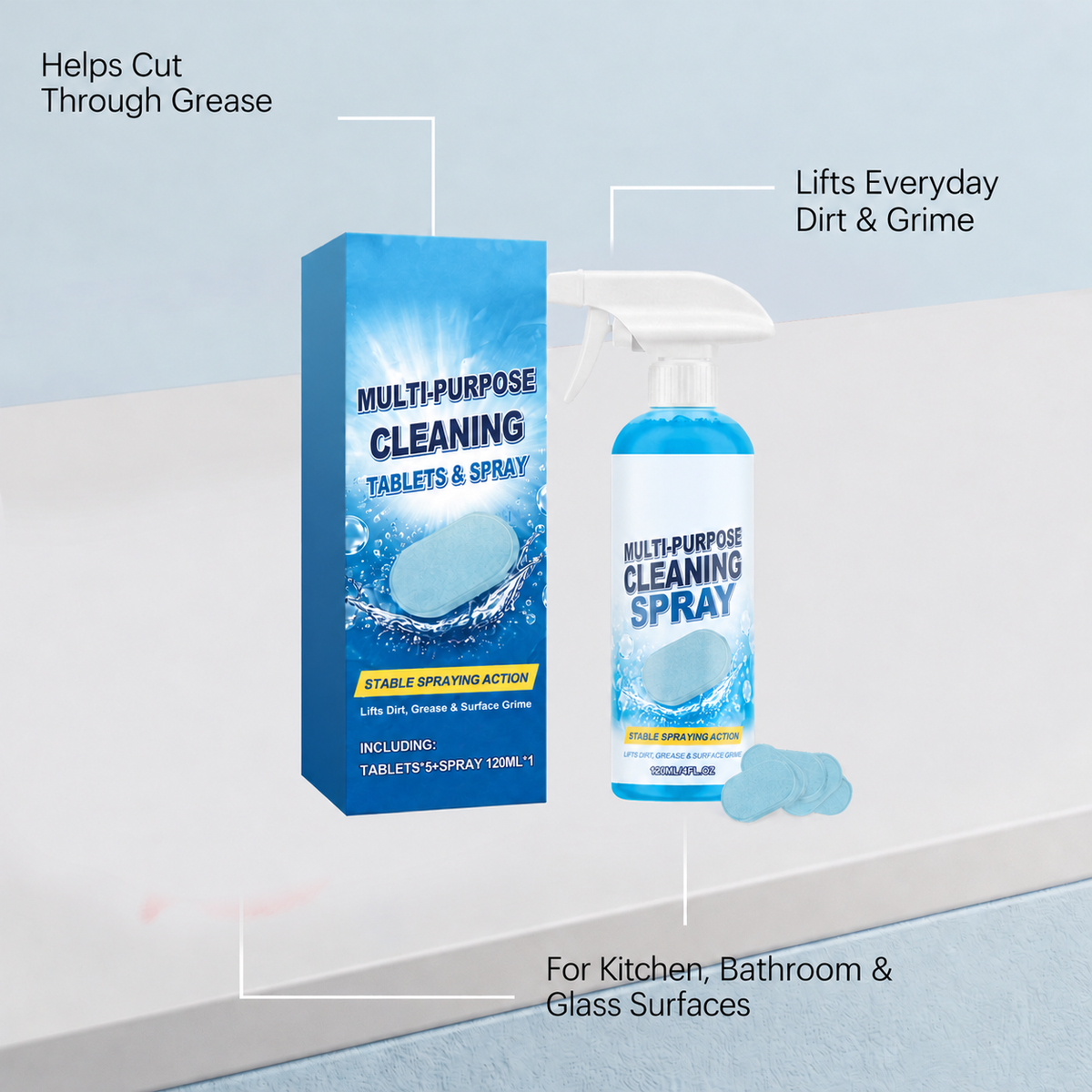 🫧 Multi-Purpose Cleaning Tablets & Spray Kit — Cut Through Grease & Everyday Grime