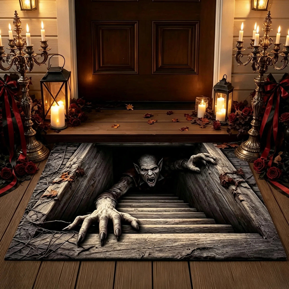 Halloween Front Door Mat – Festive 3D Visual Skull & Clown Horror Rug