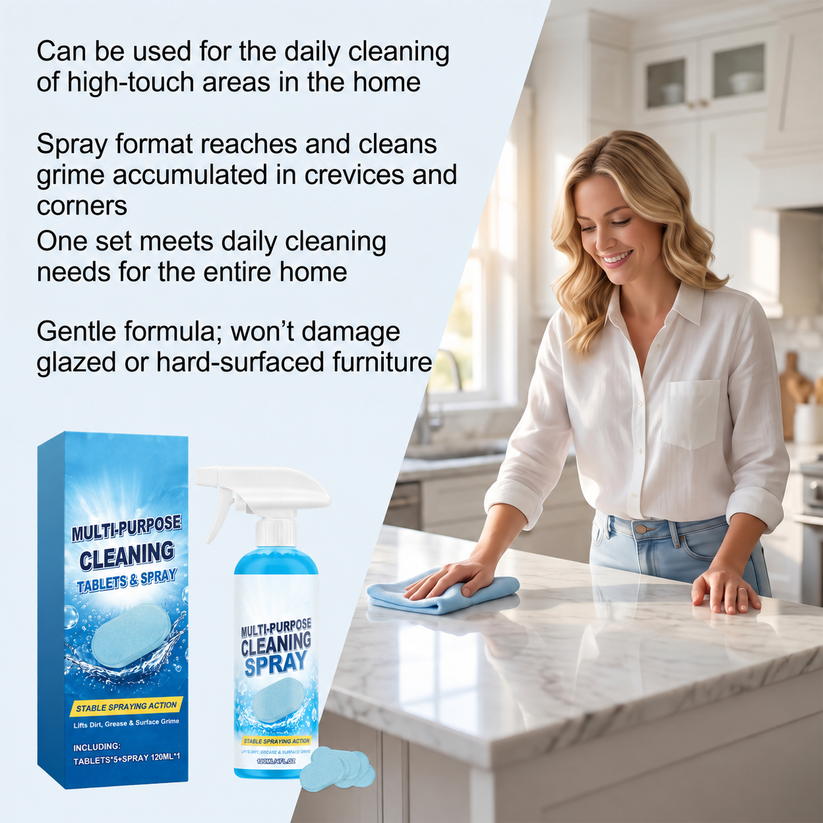 Multi-purpose cleaning spray used to wipe a kitchen counter